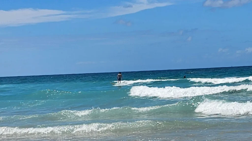 A surfer on a sunny day with bright blue sky surfing at Palm Beach on the gold coast