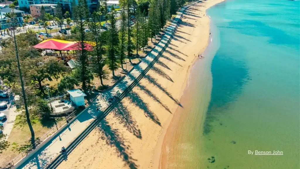 Aerial view of Suttons Beach Redcliffe showing the long sandy shoreline, row of Norfolk pines casting long shadows, red and yellow shade sails, pathway and calm turquoise Moreton Bay waters.